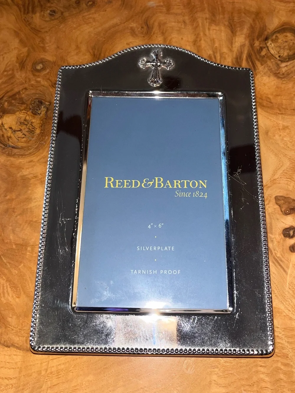 Reed & Barton Silverplate Beaded 4x6 Frame with Cross Accent
